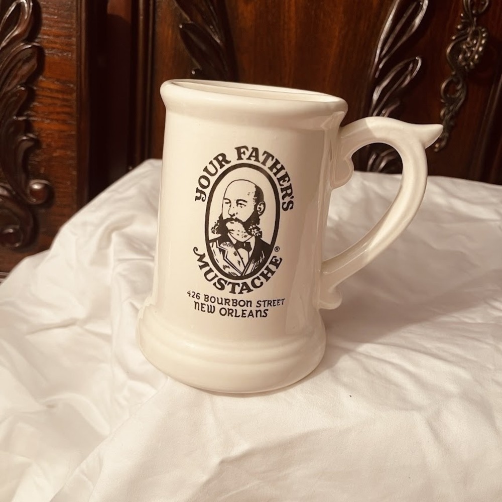 Vintage Your Father's Mustache Mug New Orleans Ceramic Shaving Beard Cup 5" Tall